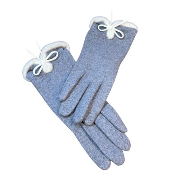 Blue White Fur Cuff Bow Touch Screen Gloves Medium - Picture 7 of 10